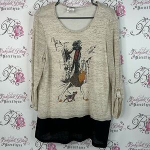 Zoe long sleeve top shopping girl image graphic Beige Black Graphic Sweater